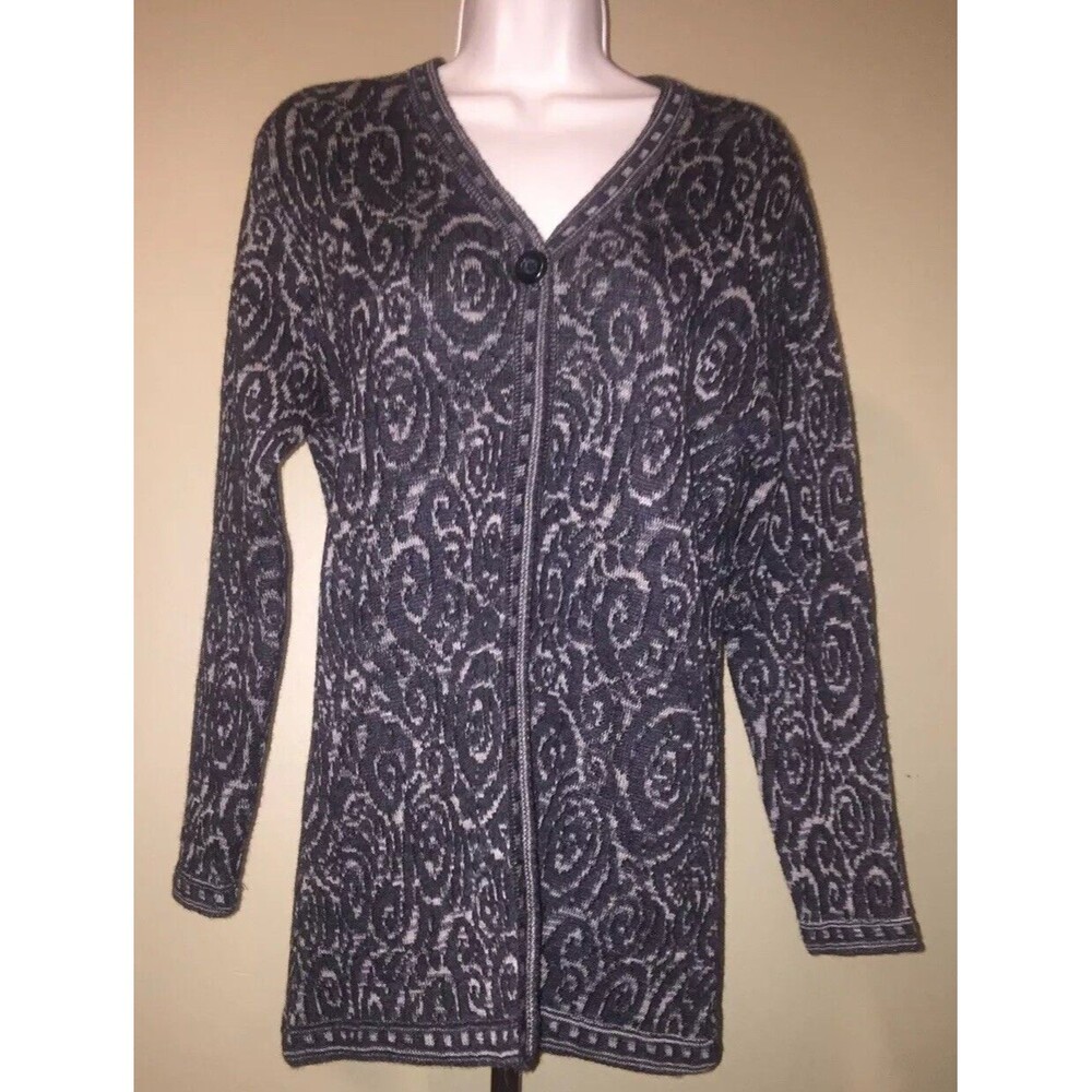 Simply Natural Alpaca Blend Black Printed One Button Open Front Cardigan Small